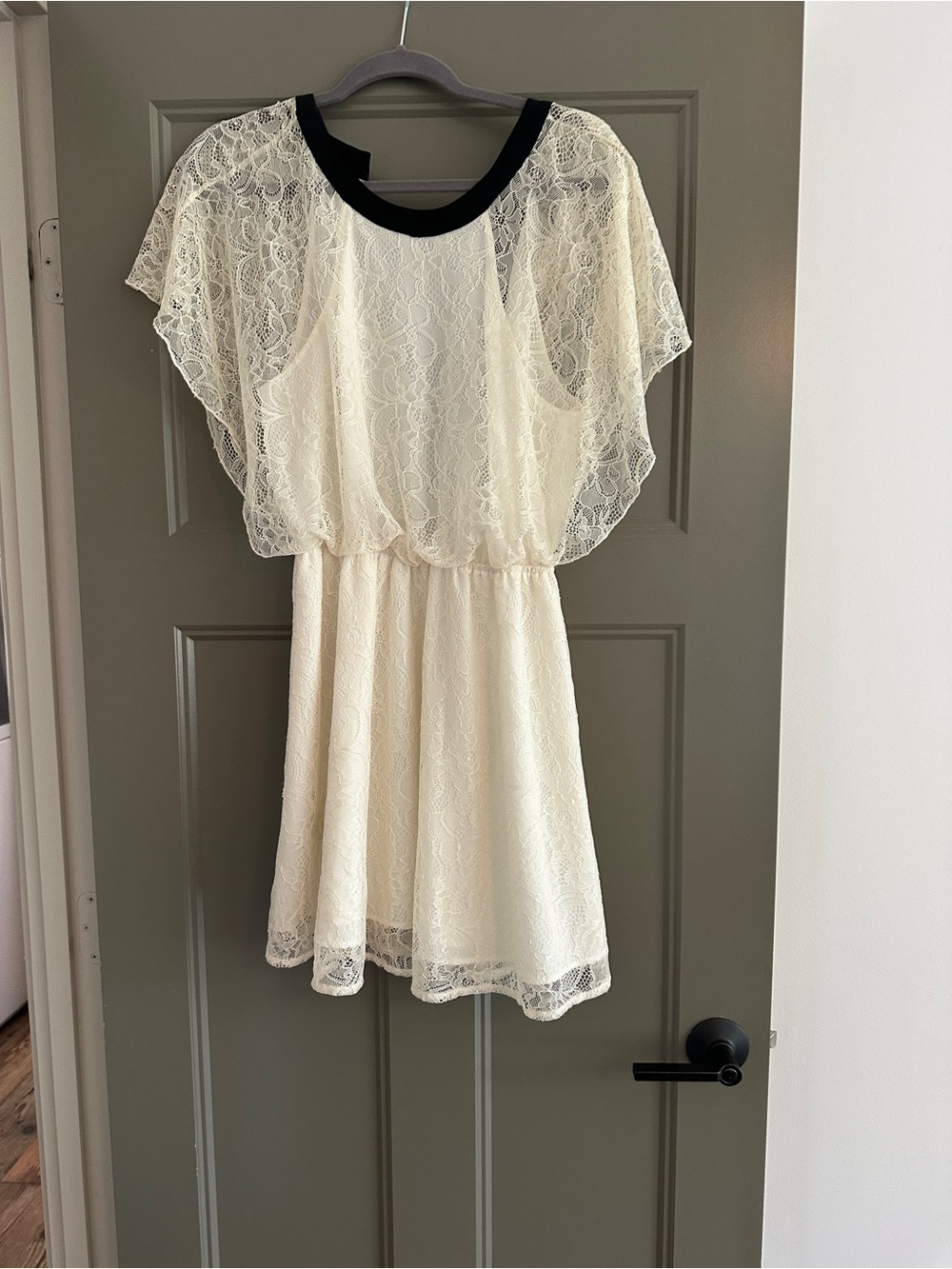 BCBGeneration Cream Lace Mini Dress with Black Neckline